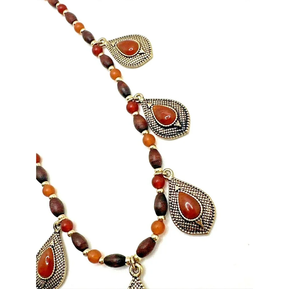Chaps Necklace Wood Bead Earth Tone Red Dangle Statement Boho 18-20